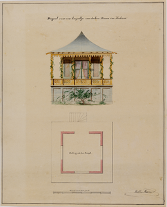 214700 Plattegrond en opstand van het ontwerp voor een theekoepel in het park Nieuweroord (Catharijnesingel) te Utrecht.
